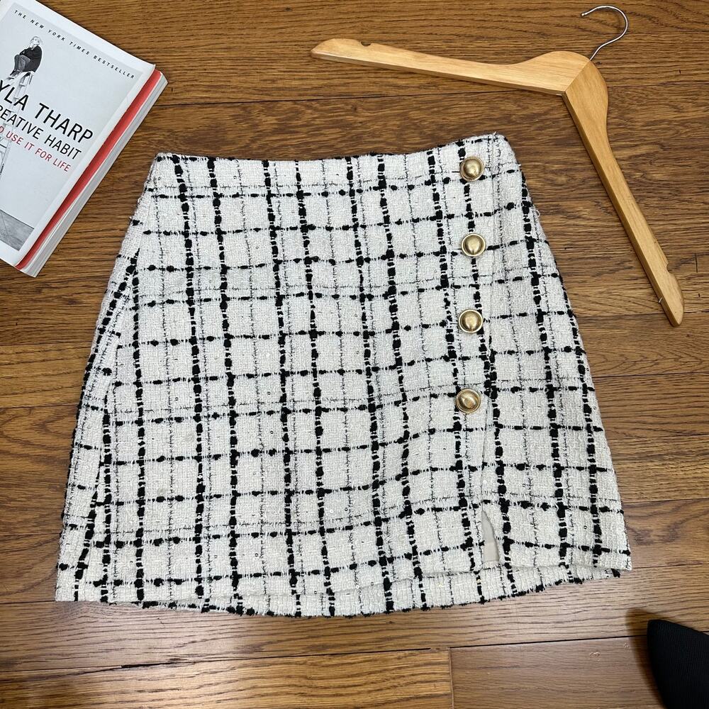 Express White & Black Tweed Checkered Mini Skirt